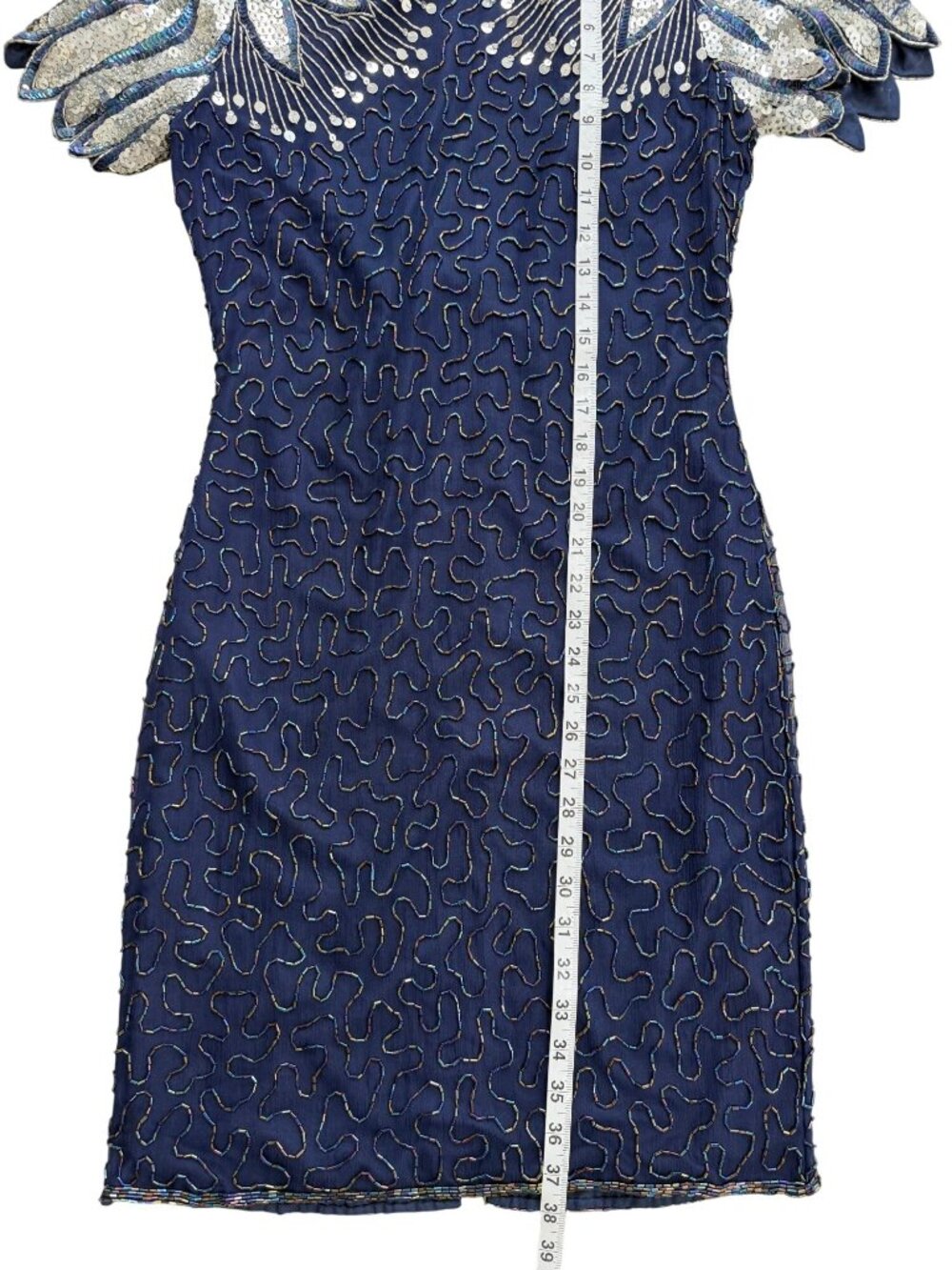 Vtg Laurence Kazar Women Size S Beaded Sequin Cocktail Dress Navy Blue Silk 80s - Picture 6 of 7